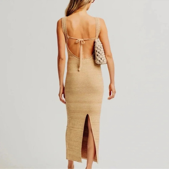 Torn by Ronny Kobo Madi Crochet Dress beige sand maxi resort vneck open back - Picture 10 of 11
